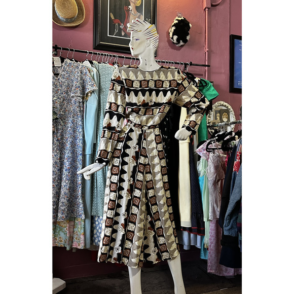 Vintage 80s 90s Maxi Dress Abstract Floral Print Ivory Brown Boho Minimalist M/L - Picture 4 of 9